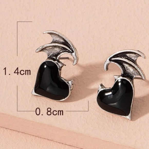 Little Bat Wing Black Enamel Heart Post Earrings Goth - Picture 3 of 3
